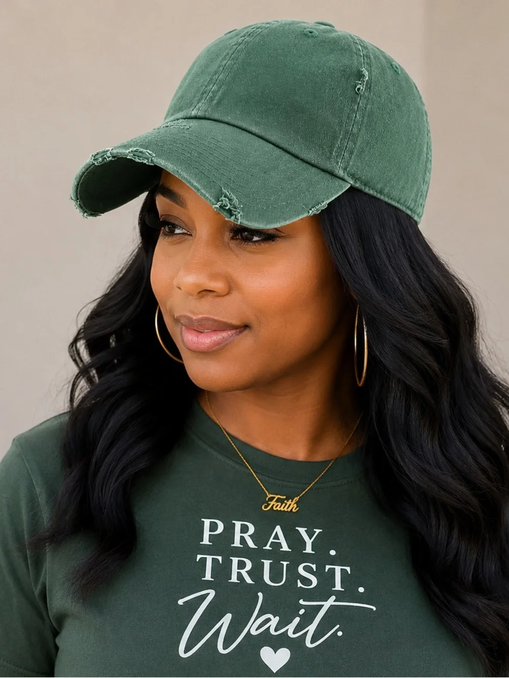 Women's Distressed Baseball Cap - Olive Green